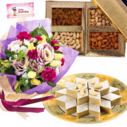 Assorted Katli Mix - 10 Mixed Flowers Bunch, Kaju Katli 500 gms, Assorted Dry Fruit Box 200 gms & Card