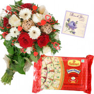 Red N White Papdi - 15 Red & White Flowers Bunch, Soan Papdi 250 gms & Card