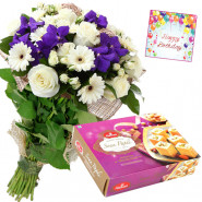 Flowers N Papdi - 6 Orchids, 10 White Flowers Bunch, Soan Papdi 500 gms & Card