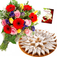 Katli Flower Mix - 15 Mix Flowers Bunch, Kaju Katli 250 gms & Card
