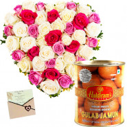 Pink Sweet Heart - 30 Pink and White Roses Heart Shaped, Gulab Jamun 500 gms & Card