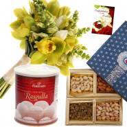 Flower Rasgulla Nuts - 12 Mix Yellow Flowers, Rasgulla 500 gms, Assorted Dryfruits Box 200 gms & Card