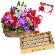 Flower Basket Katli - 24 Mix Flowers Basket, Kaju Katli 250 gms & Card