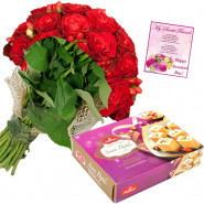 Red Rose Papdi - 10 Red Roses Bunch, Soan Papdi 750 gms & Card