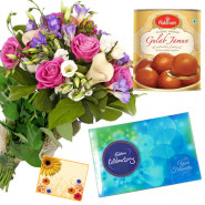 Celebration Sweet Mix - 12 Mix Flowers Bunch, Gulab Jamun 500 gms, Cadbury Celebrations 118 gms & Card