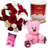 Tender Sweets - 14 Red and White Flowers Bunch, Rasgulla 500 gms, Teddy 6 inch & Card