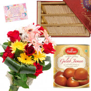 Katli Flower Sweet - 12 Mix Flowers Bunch, Kaju Katli 250 gms, Gulab Jamuns 500 gms & Card