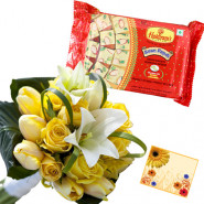 Flower Papdi Treat - 12 Yellow & White Flowers Bunch, Soan Papdi 500 gms & Card