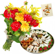 Carnation Mix - 10 Red and Yellow Carnations Bunch, Kaju Mix 250 gms & Card