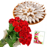 Red Rose Katli - 15 Red Roses Bunch, Kaju Katli 250 gms & Card