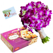 Bunch N Papdi - 6 Orchids Bunch, Soan Papdi 250 gms & Card