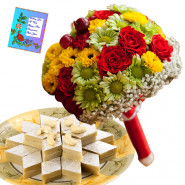 Mix Flower Katli - 12 Mix Flowers Bunch, Kaju Katli 250 gms & Card