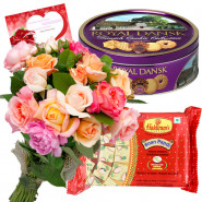 Rose Papdi N Cookies - 12 Mix Roses Bunch, Soan Papdi 250 gms, Danish Butter Cookies 454 Gms & Card
