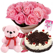 Awesome Threesome - 12 Pink Roses, Teddy 6 inch, 1/2 kg Chocolate Cake + Card