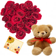 Heart N Bear - 24 Red Roses Heart Shaped Arrangement, Teddy 6 inch + Card