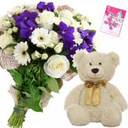 Flowers N Teddy - 4 White Gerberas & 4 Roses and 4 Orchids Bunch, Teddy 6 inch + Card