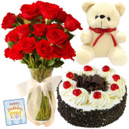 Flower Vase Combo - 10 Red Roses in Vase, Teddy 6 inch, 1/2 kg Chocolate Cake + Card
