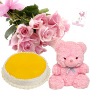 Soft Delight - 10 Pink Roses Bunch, Teddy 6 inch, 1/2 kg Pineapple Cake + Card