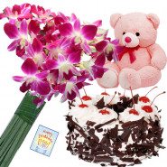 Exotic Bear - 6 Purple Orchids Bunch, Teddy 6 inch, 1/2 kg Black Forest Cake + Card