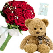 Red Roses N Bear - 8 Red Roses Bunch, Teddy 6 inch + Card