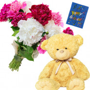 Carnations N Bear - 12 Mix Carnations Bunch, Teddy 6 inch + Card