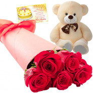 Rosey Bear - 10 Red Roses Bunch, Teddy 6 inch + Card