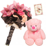 Pink Teddy Delight - 15 Exotic Pink Flowers Bunch, Teddy 6 inch + Card