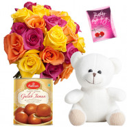 Rose Bear N Sweets - 12 Mix Roses Bunch, Teddy 12 inch, Gulab Jamun 500 gms + Card