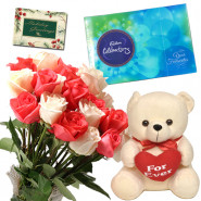 White N Pink Celebration - 15 White & Pink Roses in Bunch, Teddy 10 inch with Heart, Cadbury's Celebration + Card