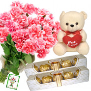 Carnations N Teddy - 12 Pink Carnations Bunch,Teddy 10 inch with Heart, 2 Ferrero Rocher 4 pcs + Card