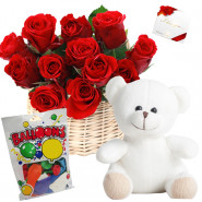 Basket Balloon N Bear - 20 Red Roses in Basket, Teddy 12 inch, Balloons Packet + Card