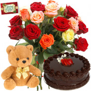 Mix Choco Teddy - 12 Mix Roses Bunch, Teddy 6 inch, Chocolate Cake 1/2 kg + Card