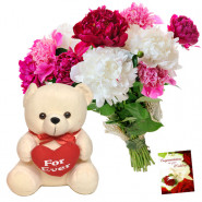 Red Pink N White - 15 Mix Carnations, Teddy 6 inch + Card