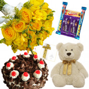 Yellow Teddy Combo - 10 Yellow Flowers Bunch, Teddy 6 inch, 1/2 kg Black Forest Cake, 5 Assorted Bars + Card