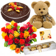 Rose Ferrero Teddy - 50 Mix Roses Heart Shaped Arrangement, Teddy 6 inch, Ferrero Rocher 4 pcs, 1 kg Chocolate Cake + Card