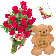Red Teddy Heart - 30 Red Roses Bunch, Teddy 10 inch with Heart + Card