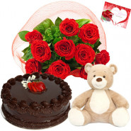 Flower Forest - 10 Red Roses Bunch, Teddy 6 inch, 1/2 kg Black Forest Cake + Card