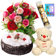 Full Time Fun - 12 Red & Pink Roses Bunch, Teddy 6 inch with Heart, Ferrero Rocher 4 pcs, 1/2 kg Black Forest Cake + Card