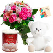 Pink Sweet Teddy - 10 Pink Flowers Bunch, White Teddy 6 inch, Rasgulla 500 gms + Card