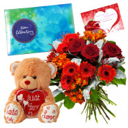 Floral Heart Celebration - 10 Red Flowers Bunch, Teddy 8 inch with Heart, Cadbury Celebrations + Card