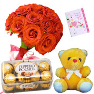 Rose Ferrero Bear - 14 Red Roses Bunch, Teddy 6 inch, Ferrero Rocher 16 Pcs + Card
