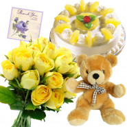 Yellow Pina Teddy - 12 Yellow Roses Bunch, Teddy 6 inch, Pineapple Cake 1/2 kg + Card