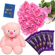 Pink Choco Delight - 20 Pink Roses Bunch, Teddy 12 inch, 5 Dairy Milk + Card
