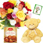 Mix Sweet Bear - 14 Mix Roses Bunch, Teddy 6 inch, Gulab Jamun 500 gms + Card