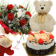 Roses Cake N Teddy - 10 Red Roses Bunch, Teddy 10 inch, Black Forest Cake 1/2kg + Card