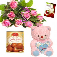 Pink Soft Heart - 8 Pink Roses Bunch, Teddy 6 inch with Heart, Gulab Jamun 500 gms + Card