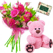 Exotic Feeling - 12 Exotic Pink Flowers, Teddy 6 inch + Card