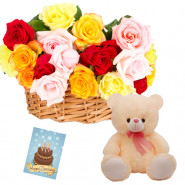 Soft Rose Basket - 24 Roses in Basket, Teddy 6 inch + Card