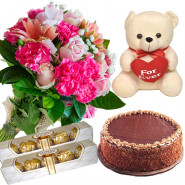 Pink Choco Love - 16 Pink Mix Flowers Bunch, Teddy with Heart 8 inch, Chocolate Cake 1/2 kg, 2 Ferrero Rocher 4 Pcs + Card