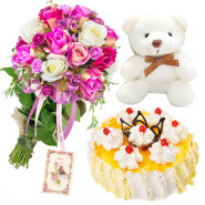 Pink White Pina - 6 Pink & White Roses Bunch, Teddy 10 inch, Pineapple Cake 1/2 kg + Card